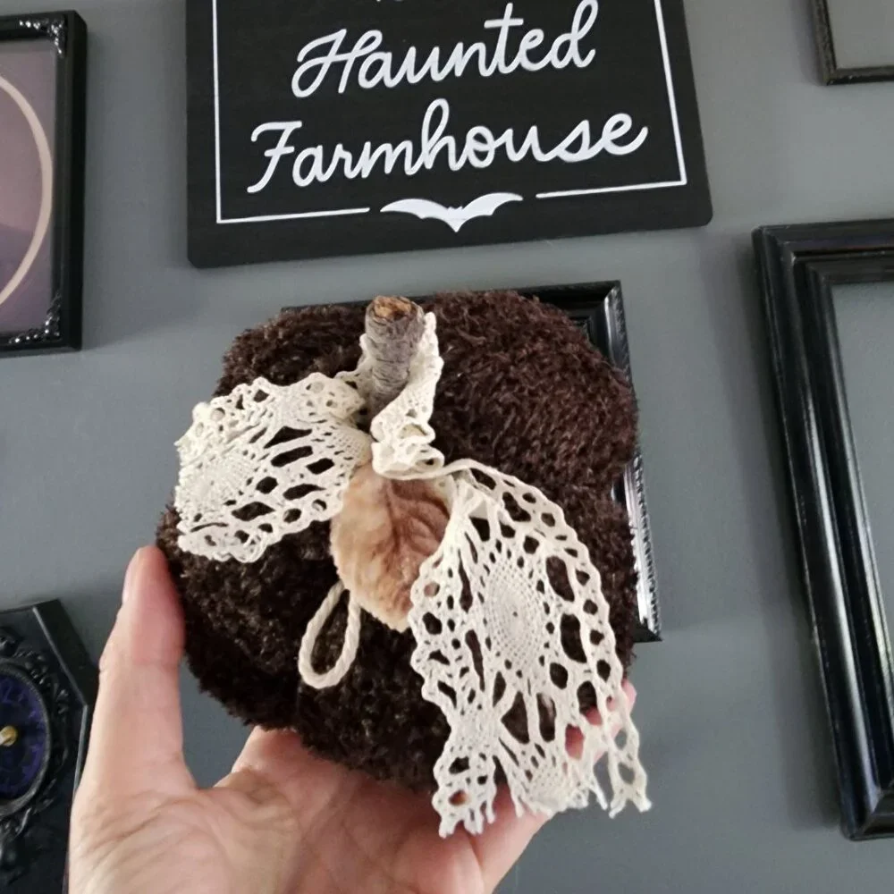 Knit Sweater Pumpkin Pillow Pouf, Upcycled Brown Chenille with Vintage Lace - Picture 3 of 9